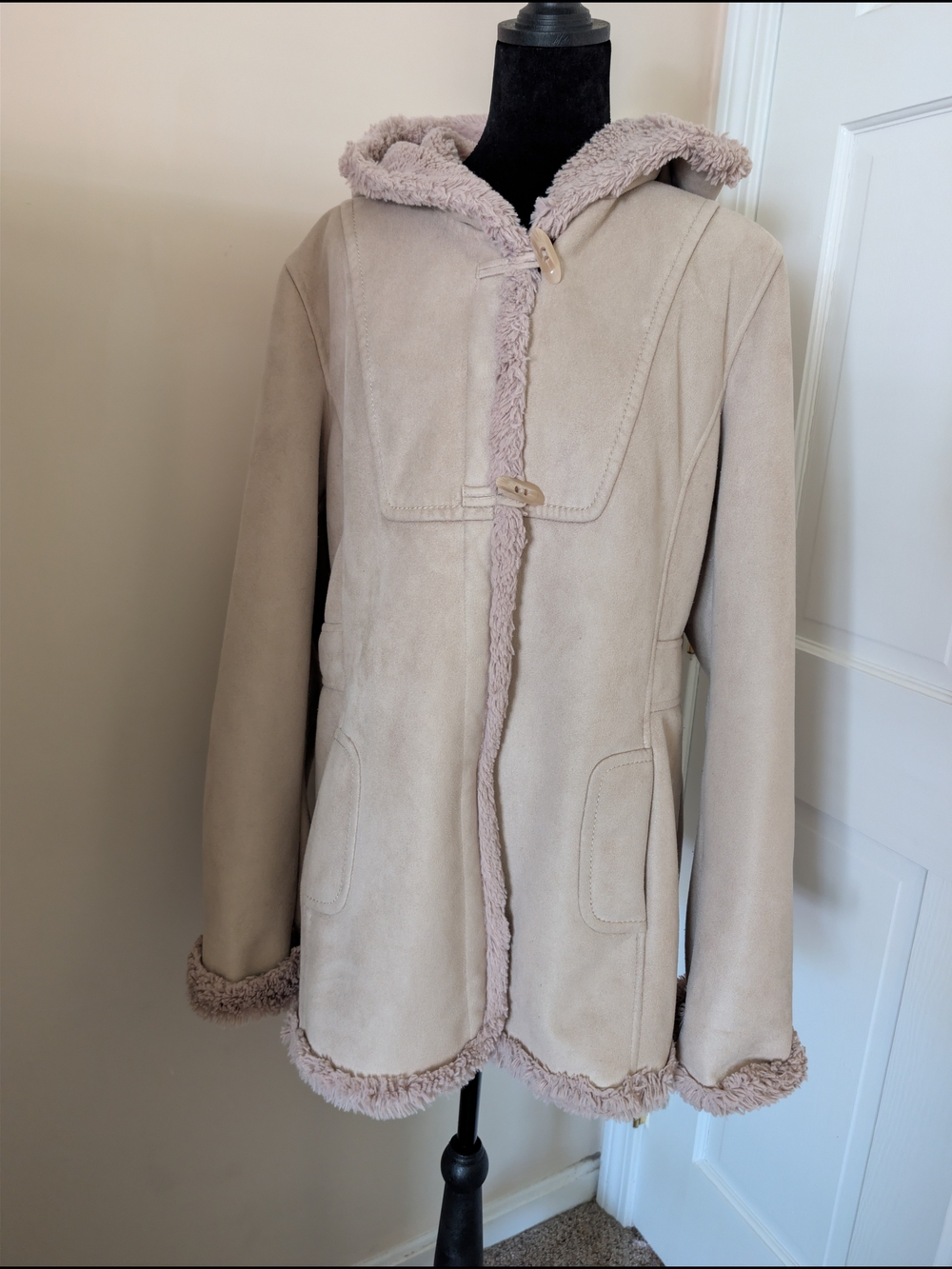 Jones New York Sport Faux Suede Faux Shearling Hooded Toggle Duffle Coat L